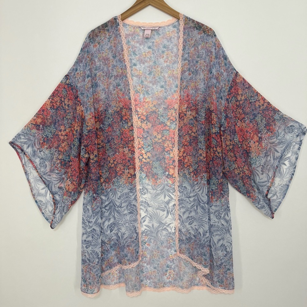 Victoria's Secret Floral Sheer Kimono Robe Pink/Blue Size M/L